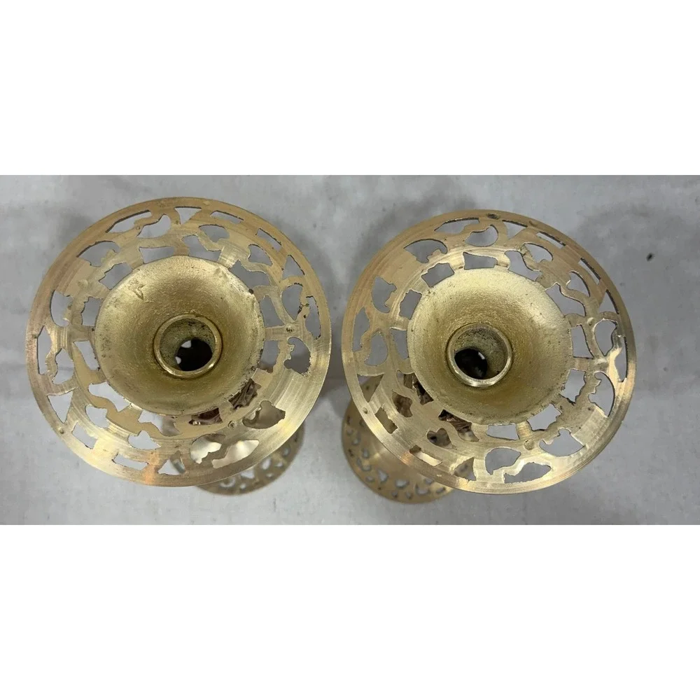 Vintage Brass Openwork Lattice Candlestick Holders Ornate Pierced Set of 2 9in